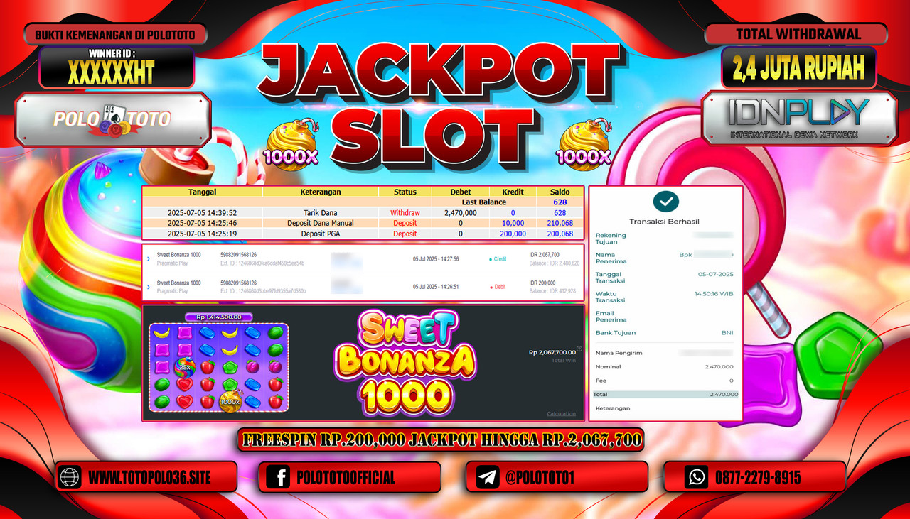POLOTOTO JACKPOT SLOT SWEET BONANZA 1000 Rp.2.400.000,- LUNAS