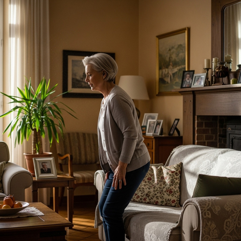 Donna matura che si alza dal divano con attenzione