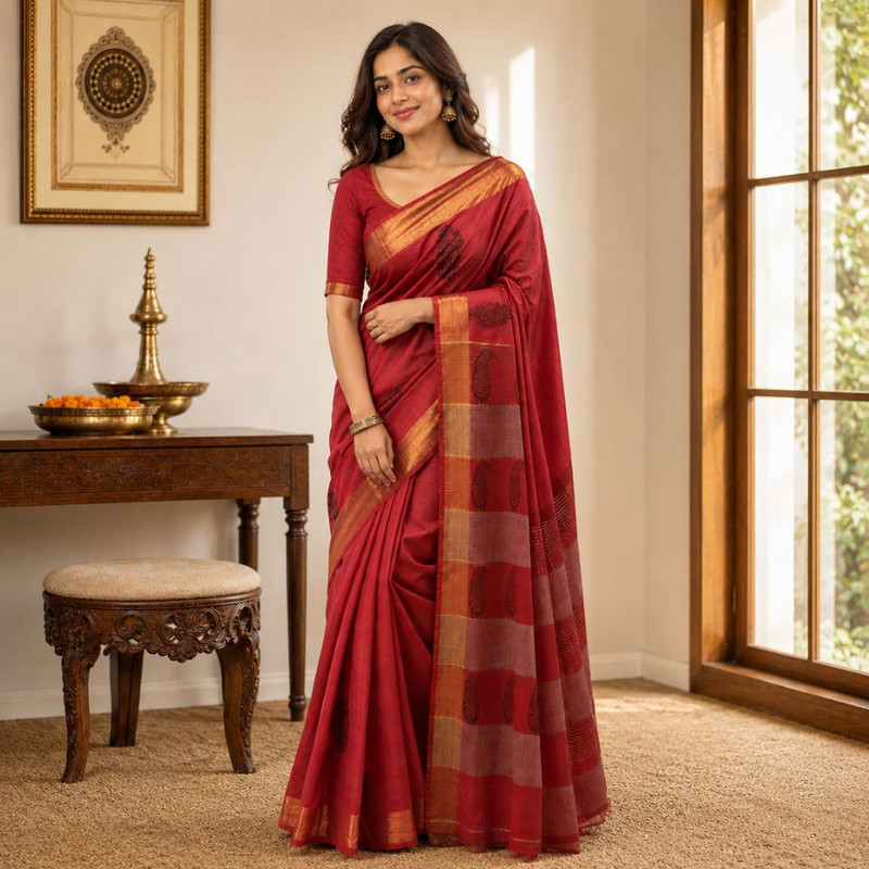 Women's Classic Slub Khadi Cotton Saree with Unstitched Blouse Piece