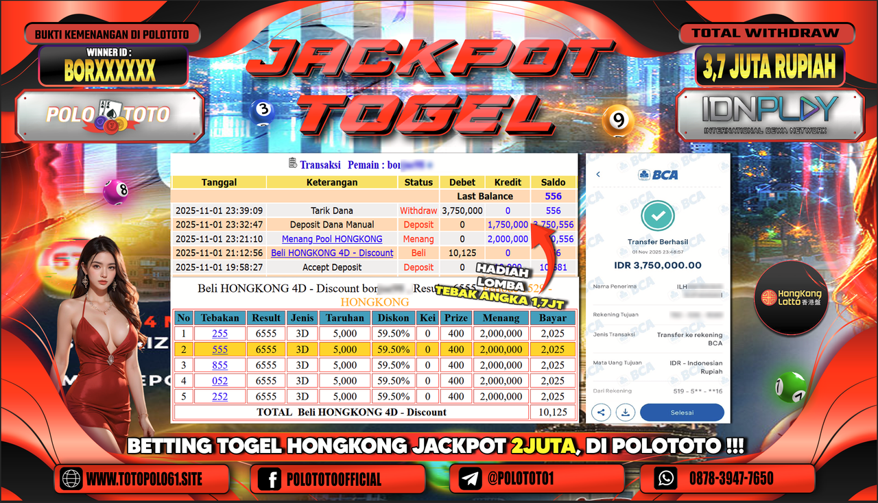 POLOTOTO JACKPOT TOGEL MENANG HONGKONG LOTTO Rp.3.700.000,- LUNAS