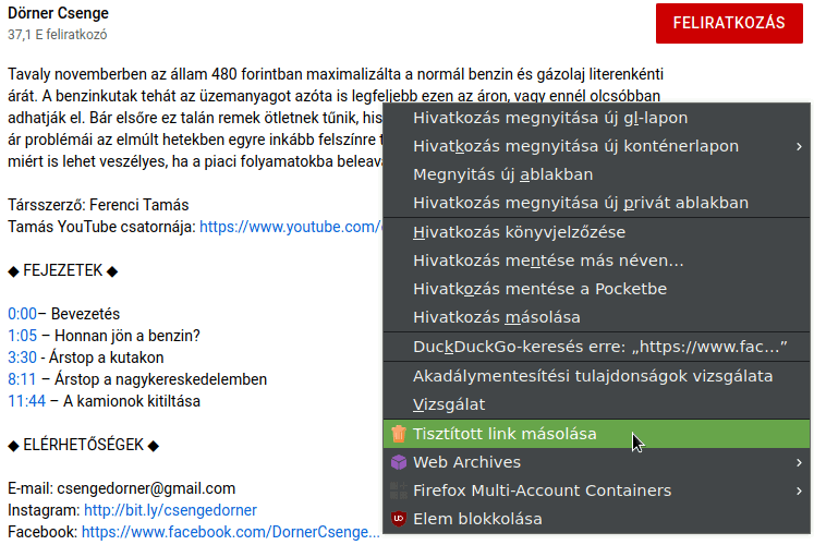 Válaszd ki a tisztítani kívánt URL-t. Másold vágólapra a környezeti menü Tisztított link másolása elemének megnyomásával.