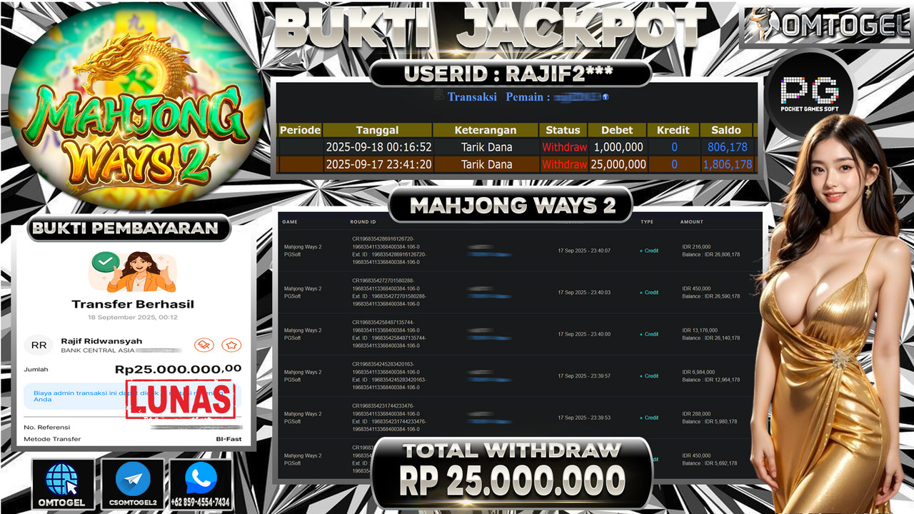OMTOGEL JACKPOT PGSOFT MAHJONG WAYS 2 25 JUTA DI BAYAR LUNAS ,-