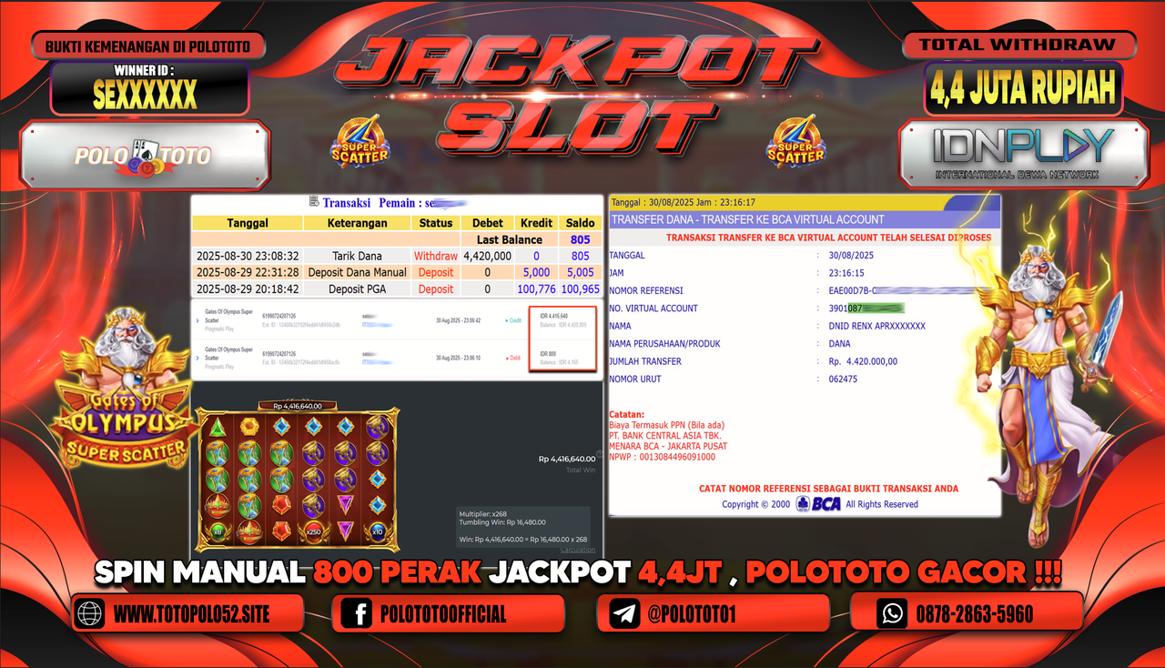 POLOTOTO JACKPOT SLOT GATES OF OLYMPUS SUPER SCATTER Rp.4.420.000,-