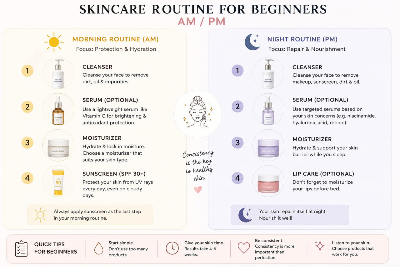 daily easy skincare routine for beginners, step-by-step (AM/PM)