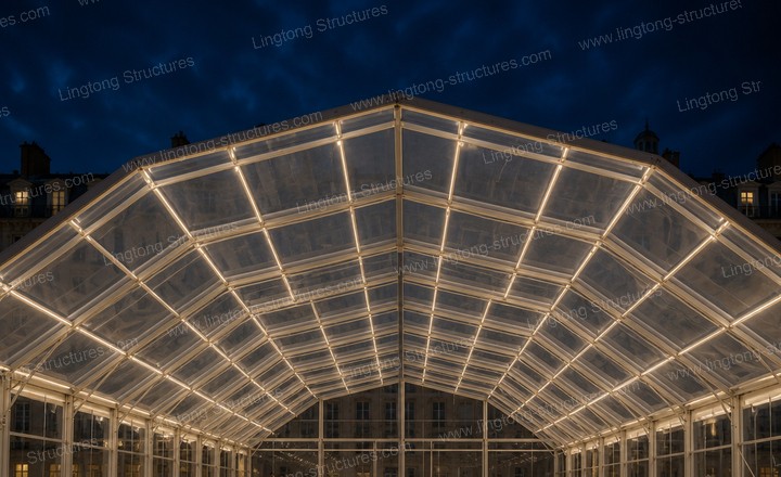 Column-free interior with partition walls and lighting layout during event setup