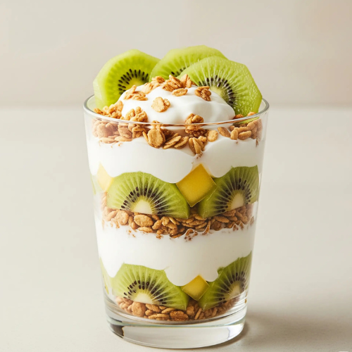 Coconut yogurt parfait with granola and kiwi