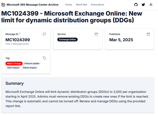 MC1024399 - Microsoft Exchange Online: New limit for dynamic distribution groups (DDGs)
