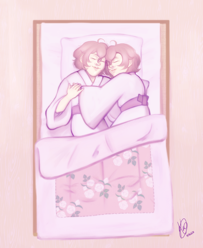 An illustration of Yumeno Gentaro from Hypnosis Mic and his twin brother. It is a scene -- or perhaps a dream -- of their youth, the two of them lying on a futon. They hold each other in their arms as they sleep, their hands clasped in each other's and smiles on their faces. The colors here are light and bright, with a sort of hazy touch to the illustration. Then, it fades into the next image...