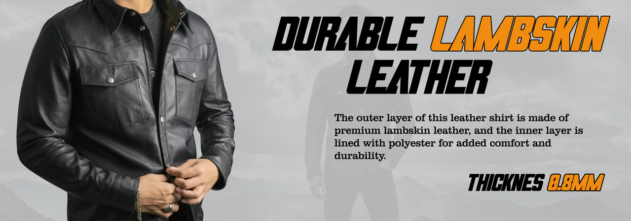 Lifestyle image of men’s biker leather shirt showing premium lambskin leather texture and luxurious finish