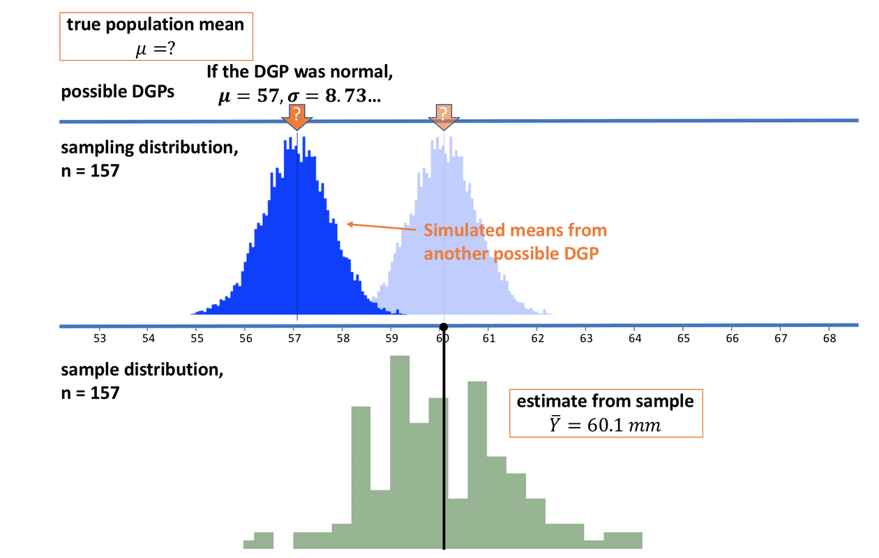 In the series of graphs we mentioned above, we can move the DGP and its corresponding sampling distribution along the number line to a different possible population mean, then we can compare that to the estimate from the sample distribution, which has not changed.