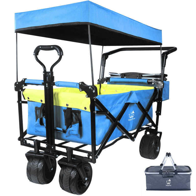 Foldable Wagon with Removable Canopy Cooler Bag Heavy Duty Collapsible Wagon Utility Cart with 4