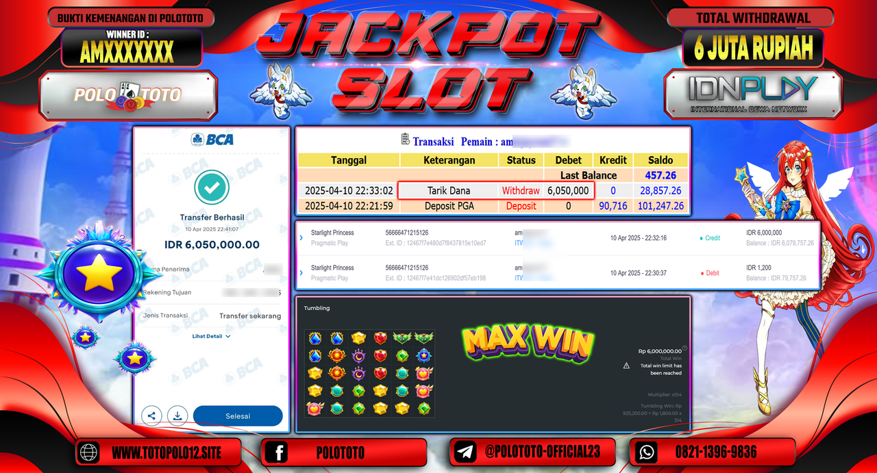 POLOTOTO JACKPOT SLOT STARLIGHT PRINCESS Rp.6.000.000,- LUNAS