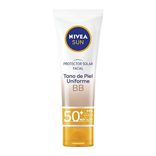 Amazon: Nivea Sun Protector Solar Facial BB Tono Uniforme, Con color que se adapta a tu tono de piel, Bloqueador solar FPS 50+, No Grasoso. 
