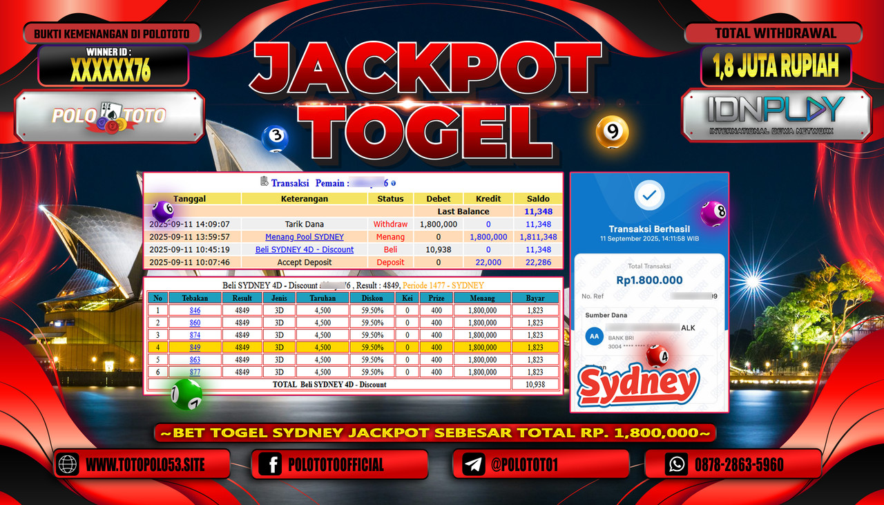 POLOTOTO JACKPOT TOGEL POOL SYDNEY Rp.1.800.000,-LUNAS