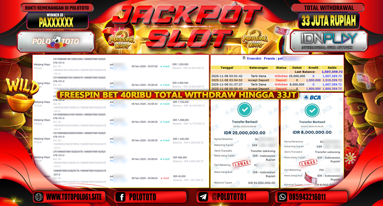 POLOTOTO JACKPOT SLOT MAHJONG WAYS Rp.33.000.000,- LUNAS