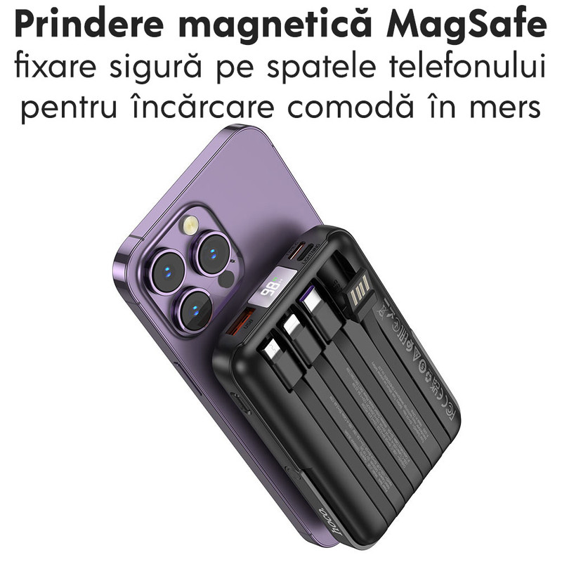Baterie externa cu incarcare wireless Hoco J135, 22.5W+PD20W, Magnetica, Suport pliabil, 10000mAh, Incarcare rapida, 4 cabluri cu incarcare rapida, Negru hoco j135 rico 22 5w pd20w power bank 10000mah charger