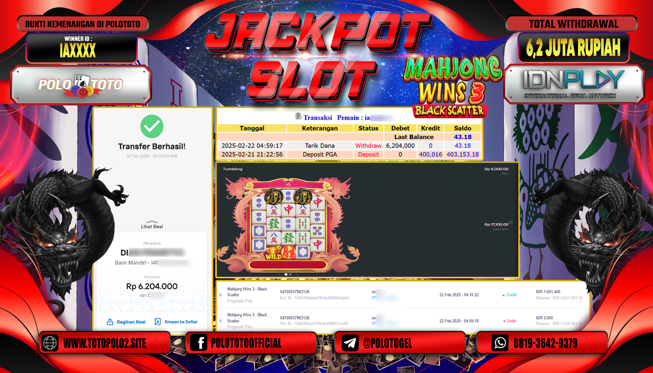 POLOTOTO JACKPOT SLOT MAHJONG WINS BLACK SCATTER 3 Rp.6.204.000,-