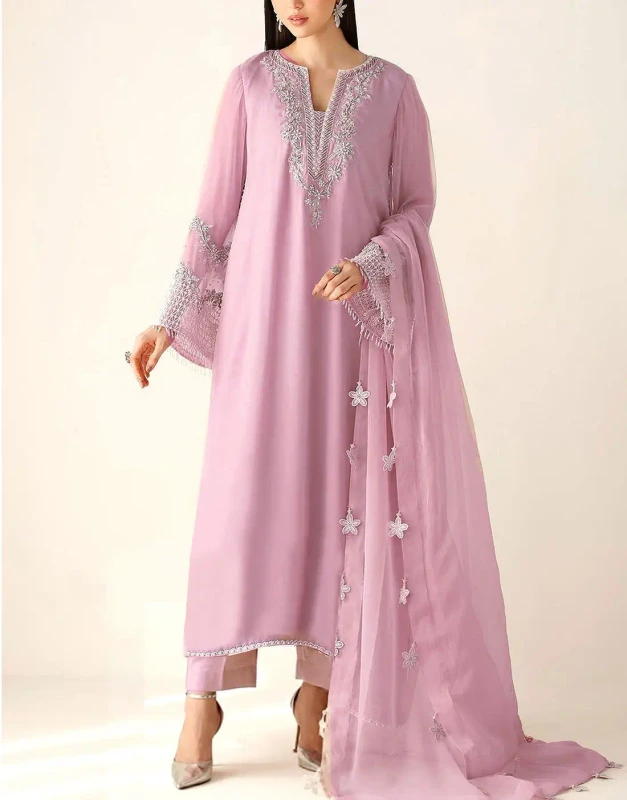 Tea Pink Chiffon Party Dress – Unstitched Formal Outfit with Hand-Embellished Neck & Sleeves