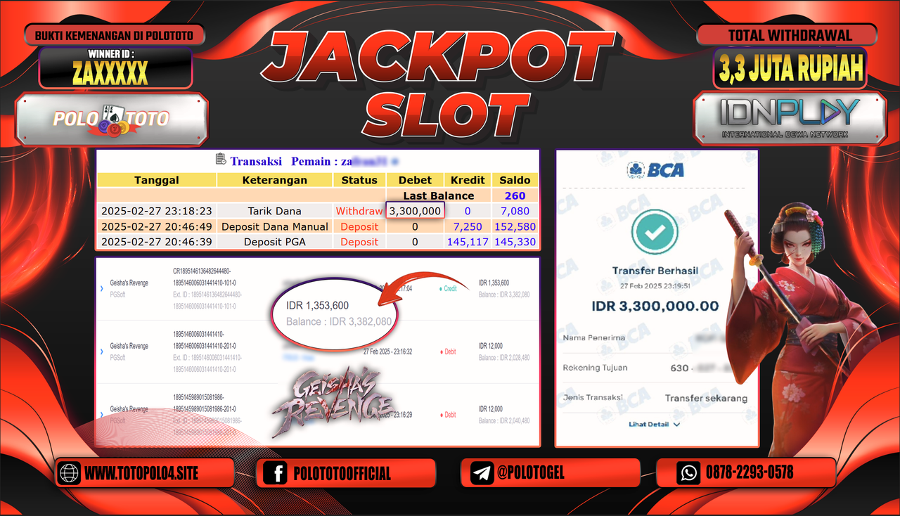 POLOTOTO JACKPOT SLOT GEISHA REVENGE Rp.3.300.000,-