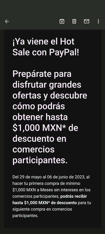 Hot Sale 2023 en PayPal: Hasta $1000 OFF para siguiente compra al realizar primera compra de mín $1000 a 12 MSI en comercios seleccionados 
