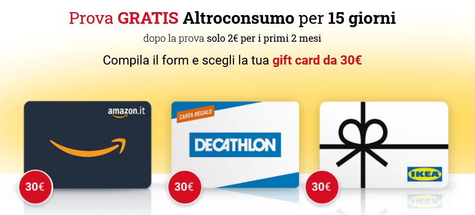 Altroconsumo: in regalo gift card da 30€ Amazon / Decathlon/ Ikea