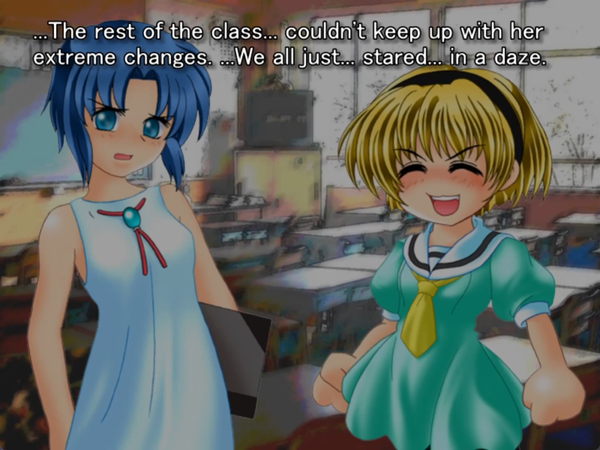 still image from the original higurashi novel. satoko and her homeroom teacher are still standing in the classroom. satoko smiles even more exhuberantly than before, her teacher’s expression remains concerned. keiichi thinks to himself “…The rest of the class… couldn’t keep up with her extreme changes. … We all just stared… in a daze.”