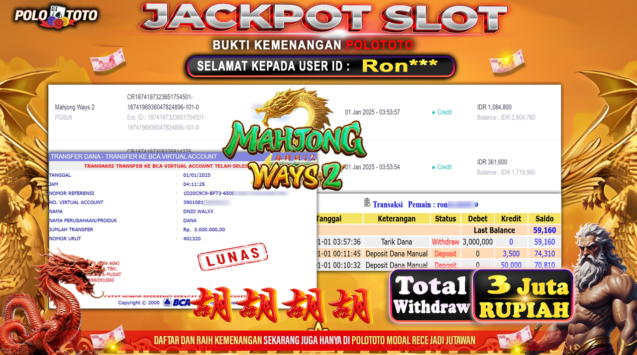 POLOTOTO JACKPOT SLOT MAHJONG WAYS 2 Rp.3,000.000,-