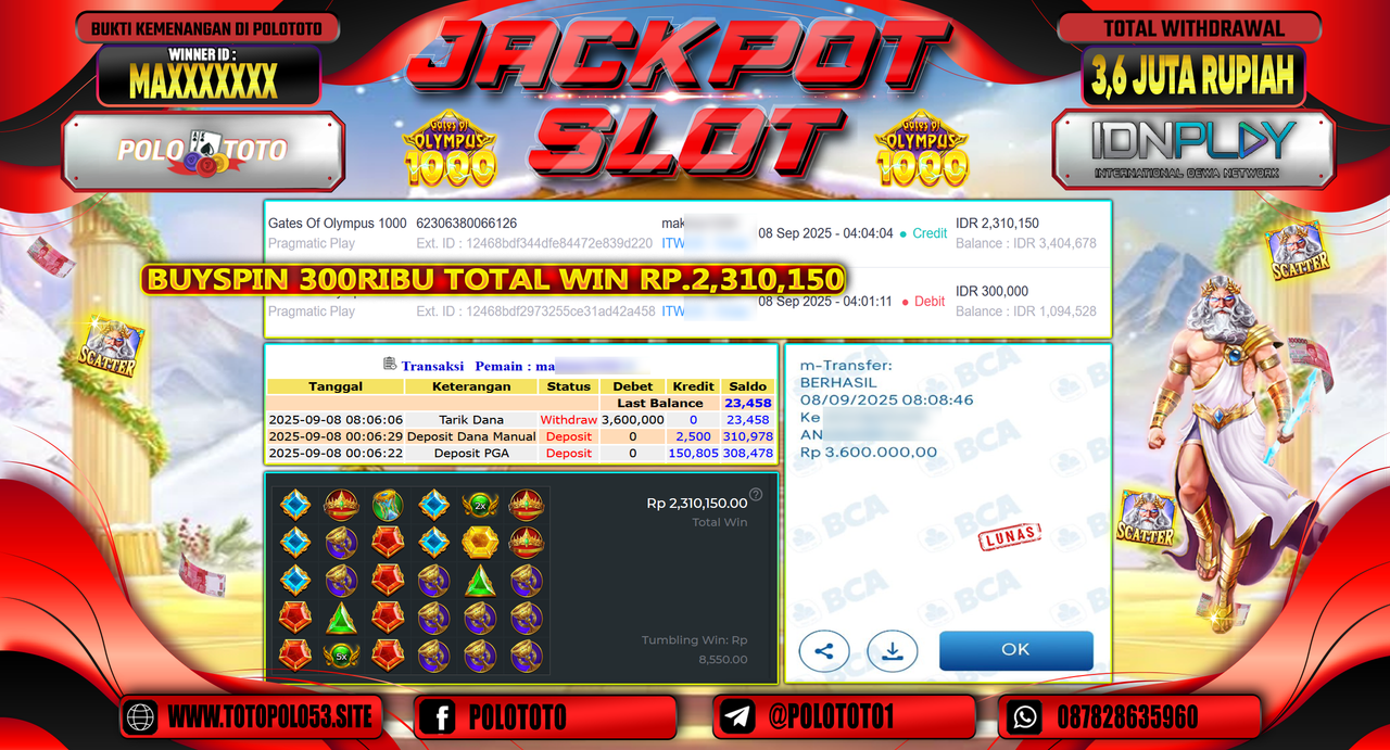 POLOTOTO JACKPOT SLOT GATES OF OLYMPUS 1000 Rp.3.600.000,-