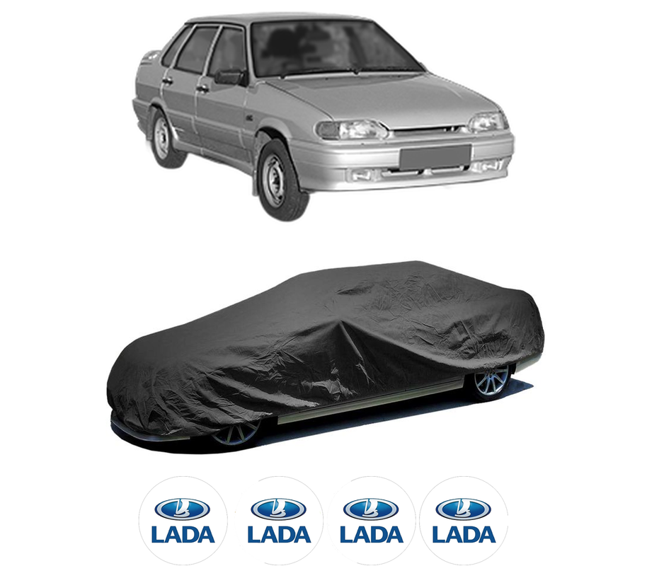 Husa tip prelata auto pentru LADA SAMARA Hatchback (2113, 2114) din 2003-2013, Culoare Negru, material textil impermeabil, rezistanta la intemperii praf UV, CARPASSION Husa Protectie, 4 Stickere auto cu LADA