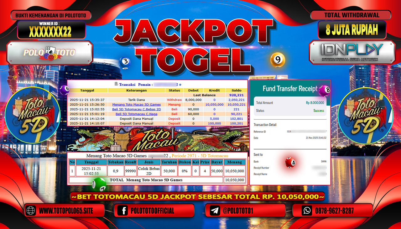POLOTOTO JACKPOT TOGEL MENANG TOTO MACAU 5D Rp.8.000.000,- LUNAS