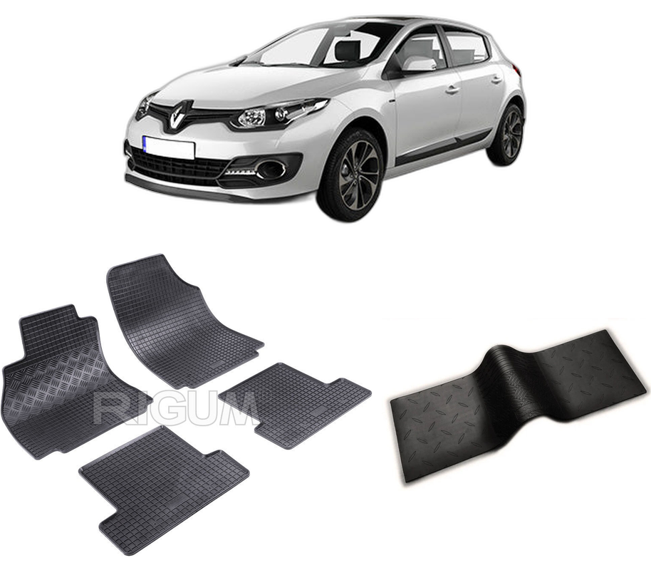 Set covorase auto RENAULT MEGANE III din 11.2008-12.2015, cu covoras tunel median, CAROSERIE HATCHBACK, Presuri cauciuc 100%, compatibil cu autoturismul RENAULT MEGANE III, Rigum