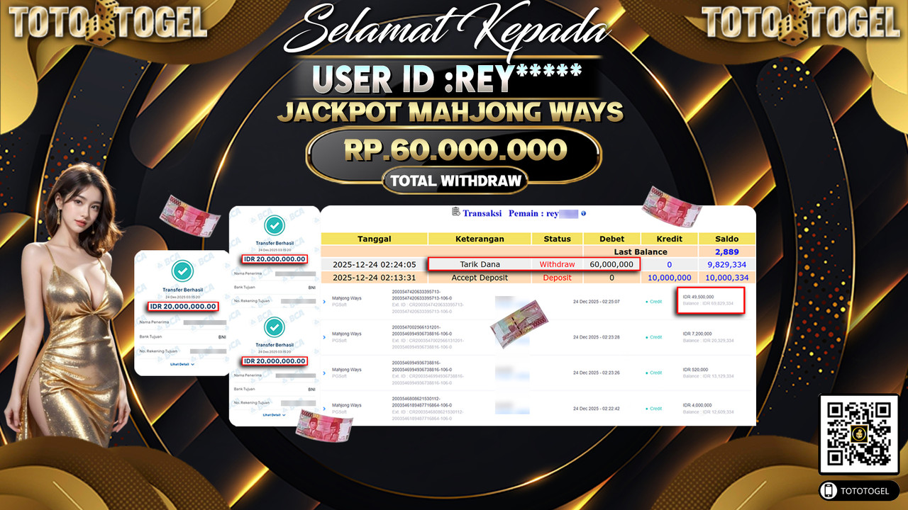 Bukti Pembayaran Jackpot Permainan Slot Mahjong Ways ID:REY**** LUNAS