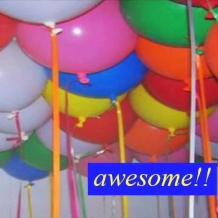 a bunch of colorful balloons. this image has a dreamcore/weirdcore aesthetic. there is white text on a blue background on the bottom right corner of the screen that says 'awesome!!'