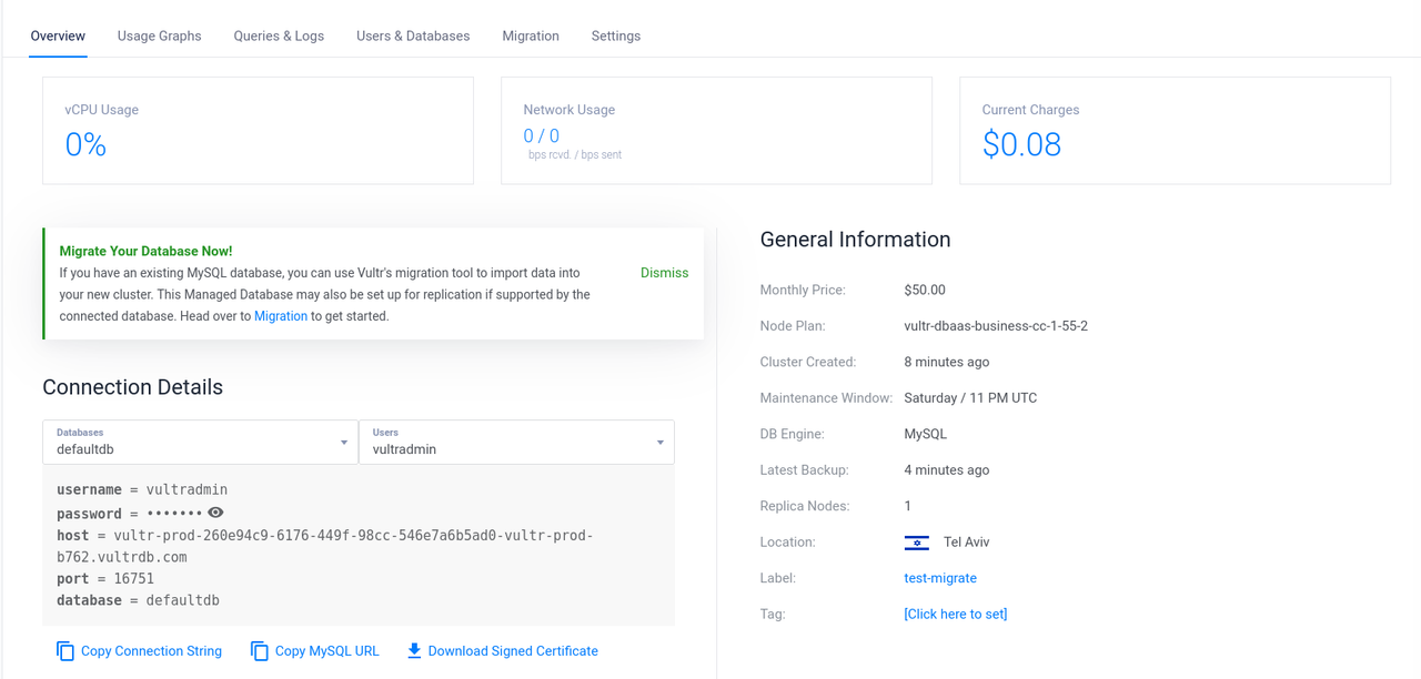 Verify the destination cluster credentials
