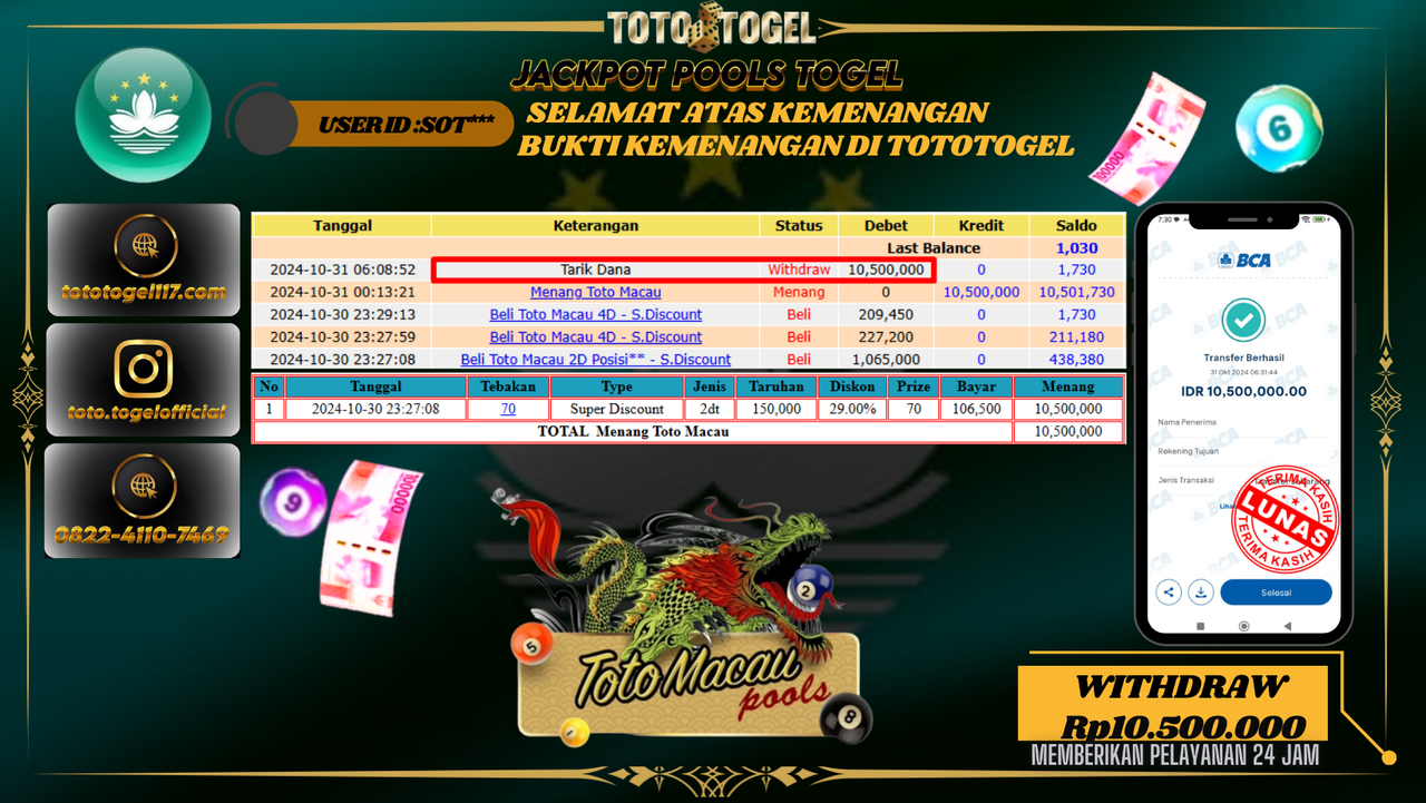 Bukti Pembayaran Permainan Jackpot Togel TotoMacau 4D ID:SOT*** LUNAS 