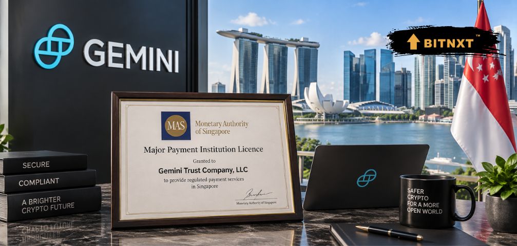 Gemini receives a full Major Payment Institution license from MAS, shown with Singapore’s skyline and Gemini branding.