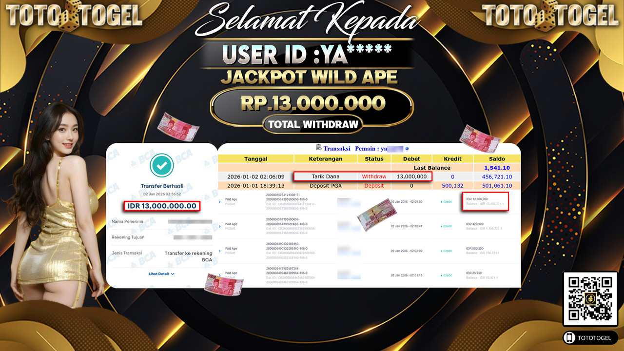Bukti Pembayaran Jackpot Permainan Slot Wild Ape ID:YA**** LUNAS