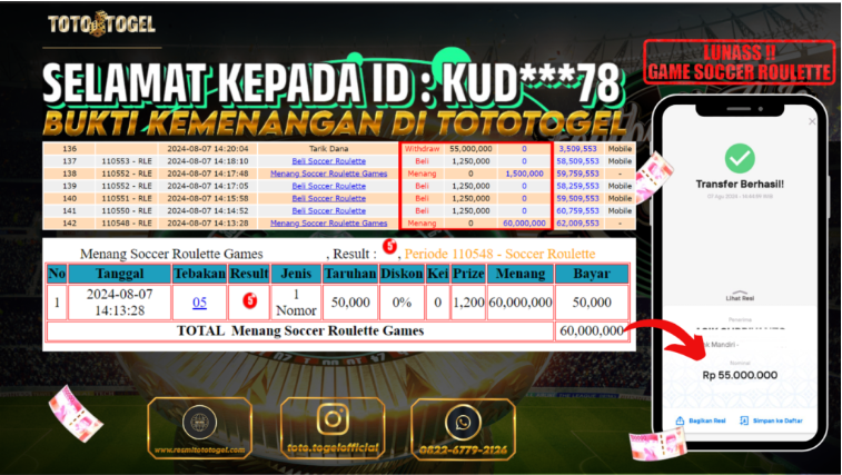 Bukti Pembayaran Game Soccer Roulette Dengan ID : KUD***78 LUNAS