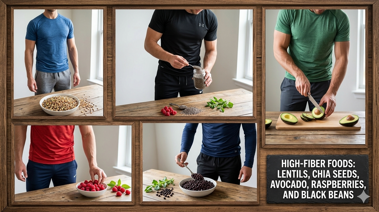 Collage of high-fiber foods lentils chia seeds avocado raspberries black beans and oats arranged on wooden table for weight loss