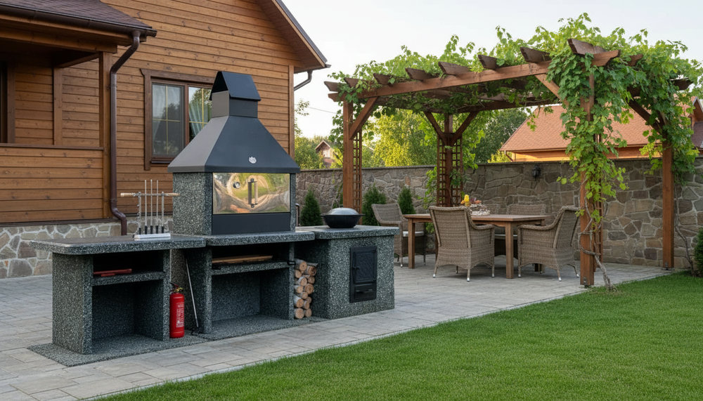 Навес или пергола над зоной отдыха на даче