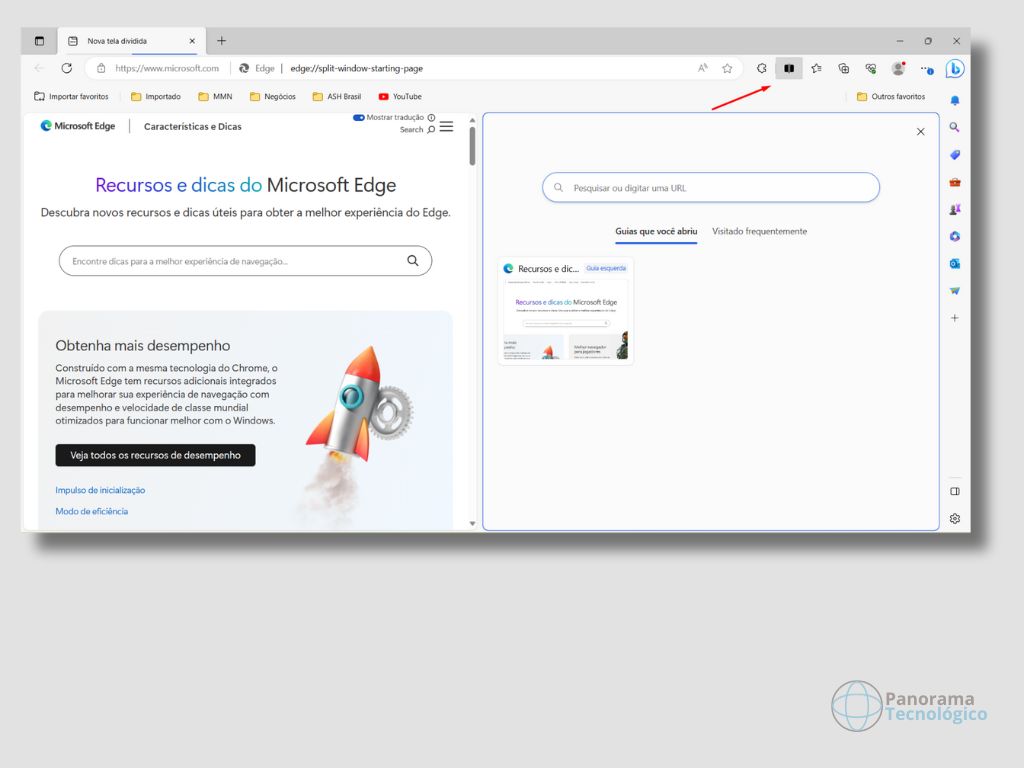 Print da tela do navegador Microsoft Edge mostrando o acesso ao recurso 'Tela dividida'