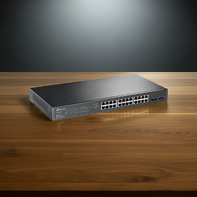 Switch TP-Link TL-SG2428P em close-up, destacando a qualidade de construção e os LEDs indicadores.