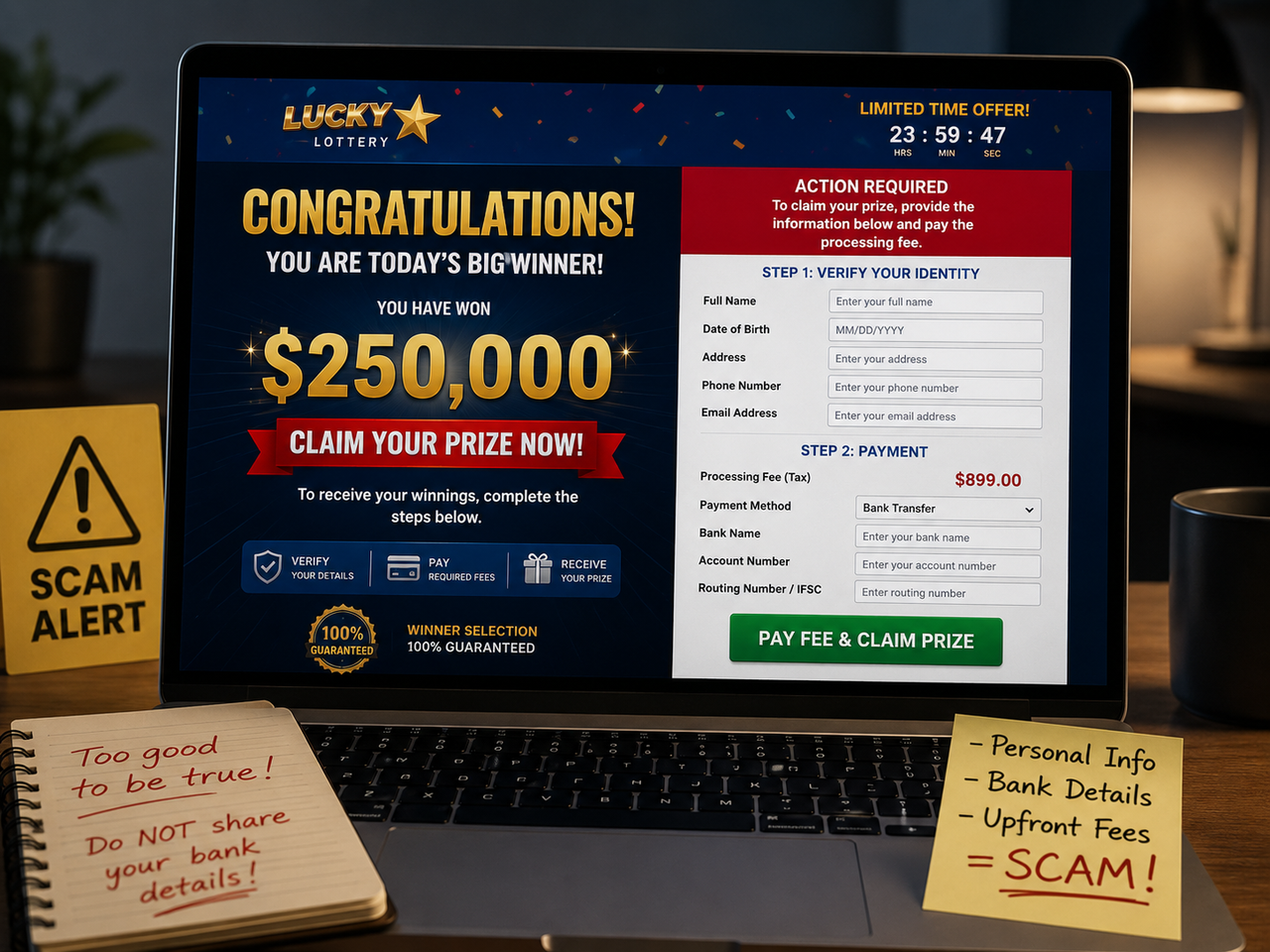 Fake lottery claim page asking for personal details, bank details and an upfront payment