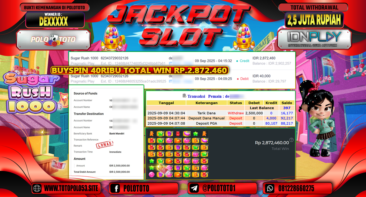 POLOTOTO JACKPOT SLOT SUGAR RUSH 1000 Rp.2.500.000,-