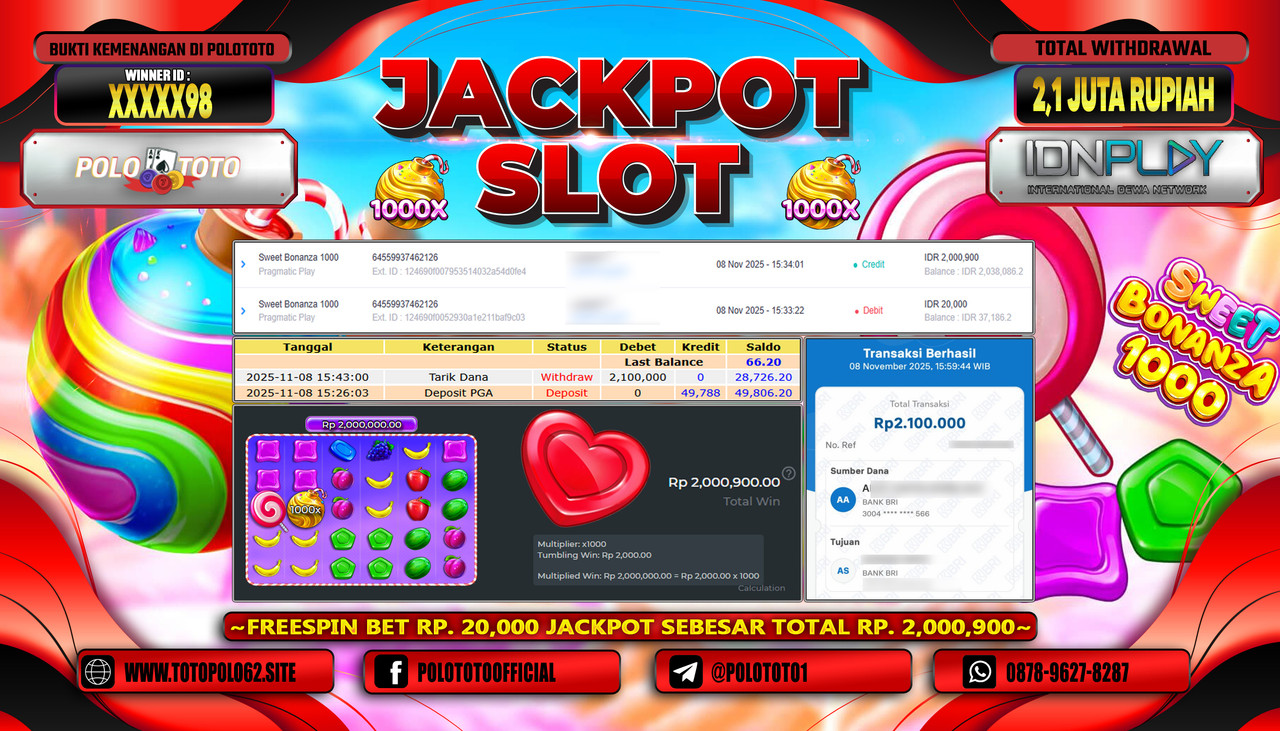 POLOTOTO JACKPOT SLOT SWEET BONANZA 1000 Rp.2.100.000,- LUNAS