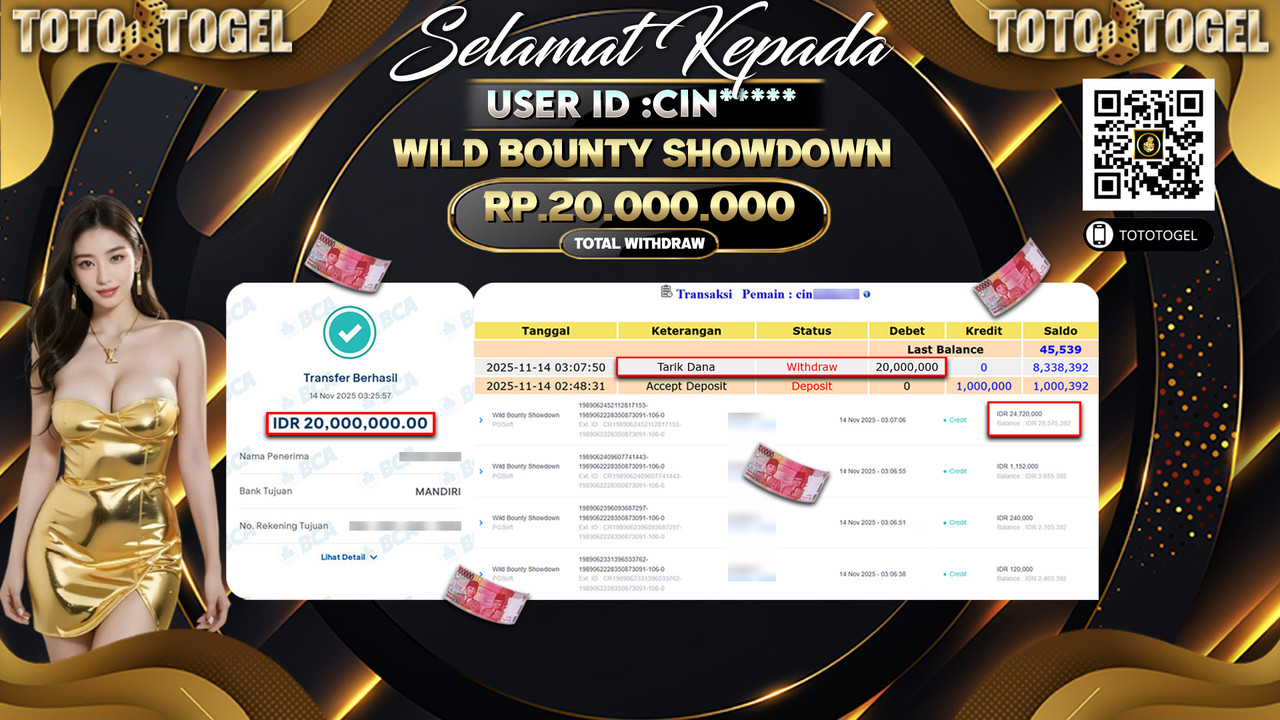 Bukti Pembayaran Jackpot Permainan Slot Wild Bounty Showdown ID:CIN**** LUNAS