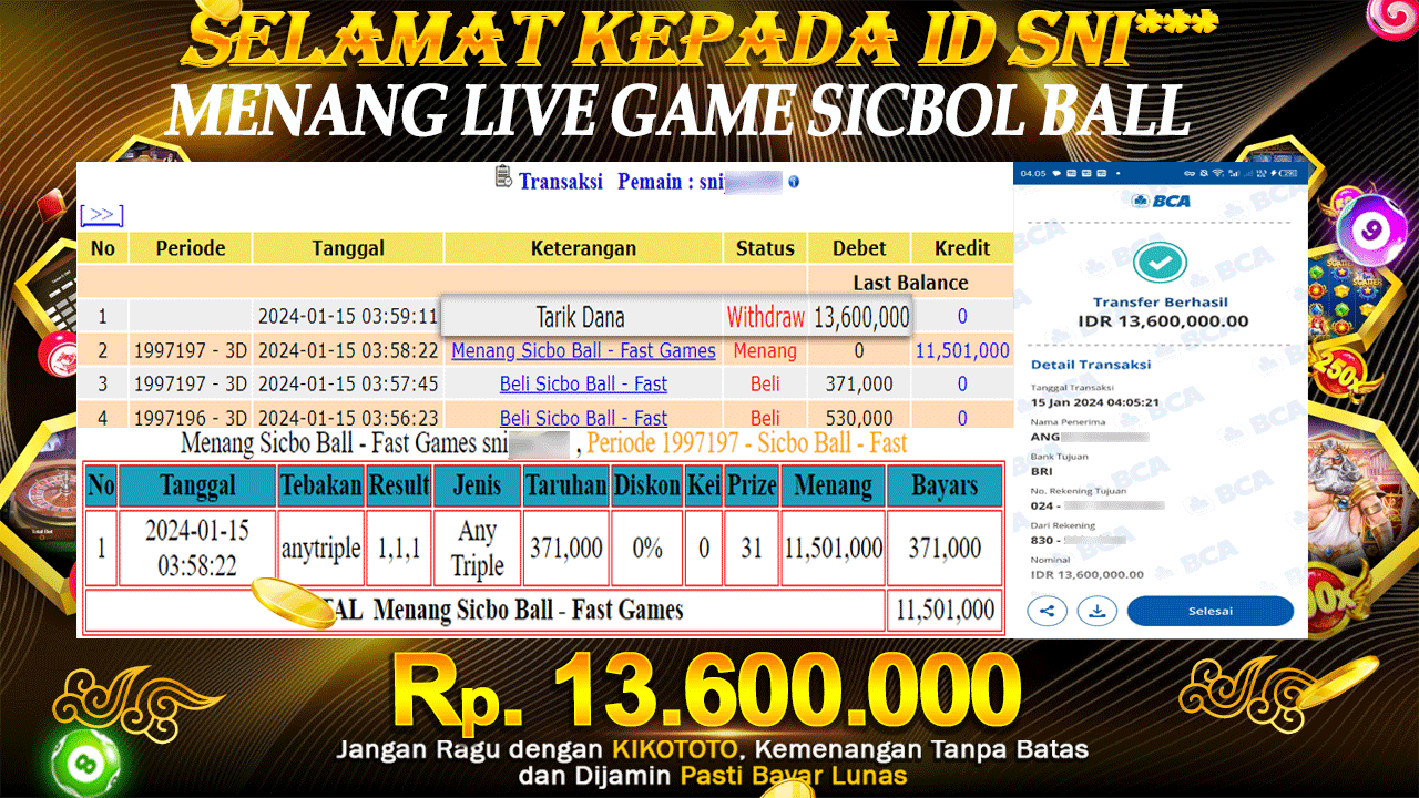 MENANG BESAR!! DI LIVE GAME SICBO BALL  SEBESAR Rp 13.600,000 LANGSUNG DAN TANPA BASA BASI DI BAYAR KIKOTOTO !!!