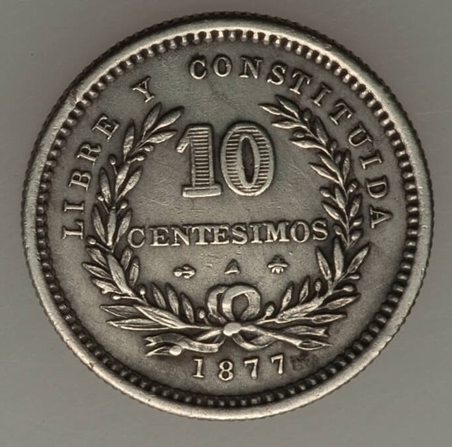 Uruguay •1877• 10 Centésimos •Variante ancla invertida• 1877b