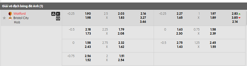 Tỷ lệ kèo Watford vs Bristol City