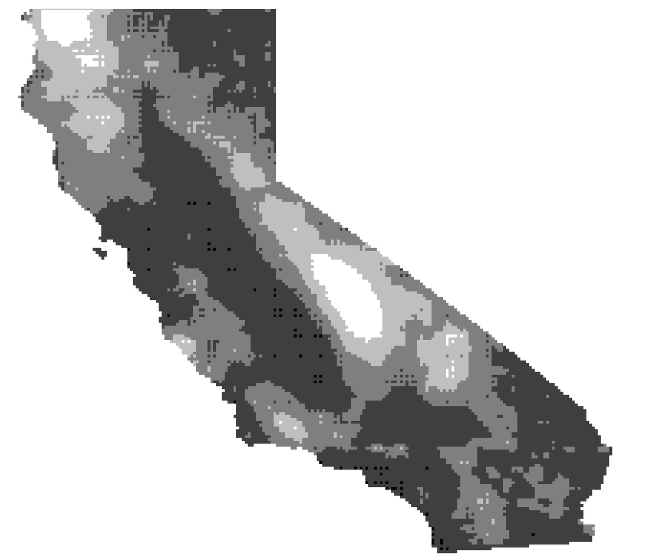 Map of California topography beside the five derived transport efficiency zones, showing correspondence between terrain and zone boundaries